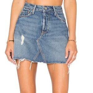 Revolve GRLFRND Eva Mini Denim Skirt A-Frame Gusset Distressed Medium Wash